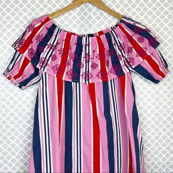 EUC ASOS Pink Multi Striped Off Shoulder Eyelet Dress - Picture 3 of 11